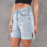 Shorts vaqueros para mujer – Corte holgado – Detalles desgastados – Aberturas laterales – Largo hasta la rodilla