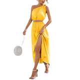 Conjunto de dos piezas para mujer: Top asimétrico, falda con abertura y cintura elástica fluida.