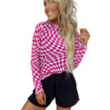 Camiseta de manga larga para mujer – Entallada – Punto elástico – Cuello redondo – Estampado de cuadros