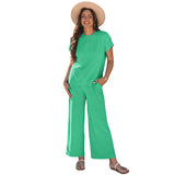 Conjunto de dos piezas para mujer: punto acanalado, camiseta de manga corta y pantalón ancho.