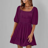 Vestido evasé para mujer – Algodón ligero – Mangas abullonadas – Escote cuadrado – Bajo con volantes