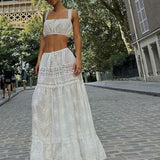 Conjunto de dos piezas para mujer: encaje transparente, top con hombros descubiertos y falda larga de cintura alta con volantes.
