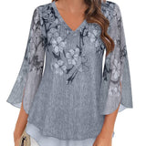 Blusa de mujer – Corte fluido – Tejido ligero y transpirable – Cuello en V – Mangas 3/4 acampanadas