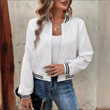 Chaqueta bomber para mujer – Tejido acolchado texturizado – Cuello alto – Corte holgado – Ribete de canalé