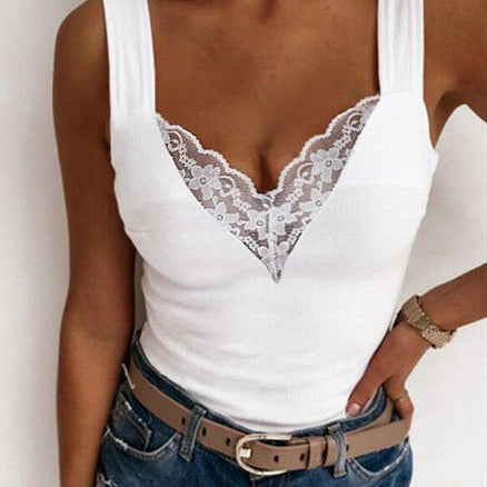 Top sin mangas para mujer – Cuello en V de encaje – Corte ajustado – Elegante y versátil