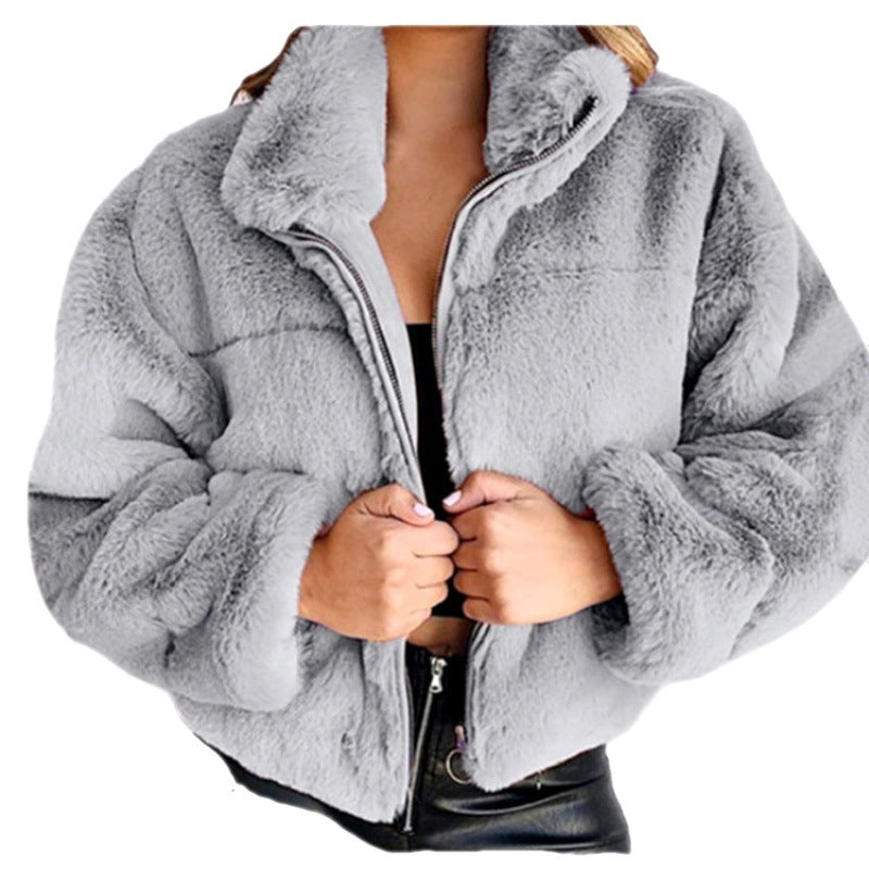 Abrigo tipo cárdigan para mujer – Piel sintética – Corte holgado – Largo medio – Cuello alto