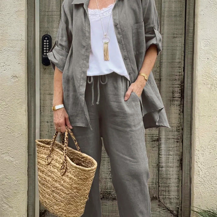 Conjunto de camisa y pantalón para mujer – Lino transpirable – Corte holgado – Cintura elástica