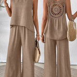 Conjunto de dos piezas para mujer: lino, top de crochet sin mangas y pantalón ancho de cintura alta.