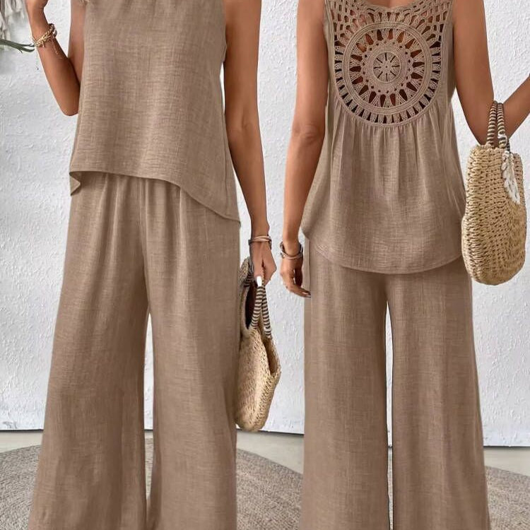 Conjunto de dos piezas para mujer: lino, top de crochet sin mangas y pantalón ancho de cintura alta.