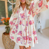 Vestido corto para mujer – Mezcla de algodón – Mangas abullonadas – Cuello en V – Cintura ajustada – Corte holgado