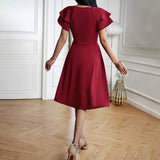 Vestido de mujer - Elegante estilo cruzado - Mangas cortas abullonadas - Cintura ajustada