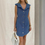 Vestido vaquero de mujer – Corte entallado – Sin mangas – Tapeta festoneada – Corto