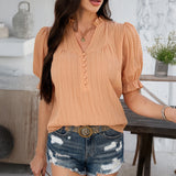 Blusa de mujer – Corte holgado – Mangas abullonadas – Escote con volantes – Tejido texturizado