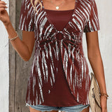 Camiseta de mujer – Corte holgado – Estampado étnico – Efecto capas – Detalle de anilla