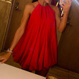 Vestido mini de mujer – Cuello halter – Corte evasé – Elegante gasa plisada ligera