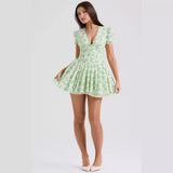 Vestido corto de mujer – Corte evasé – Mangas abullonadas – Cuello en pico – Estampado floral