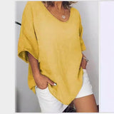 Camiseta de mujer – Corte relajado – Mezcla de algodón y lino – Cuello en V – Mangas cortas