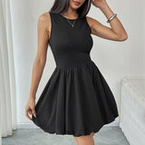 Minivestido de mujer – Sin mangas – Corte ajustado – Falda acampanada – Bajo abullonado