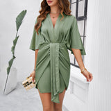 Vestido ajustado para mujer – Tejido de satén – Cintura drapeada – Escote en pico – Mangas 3/4
