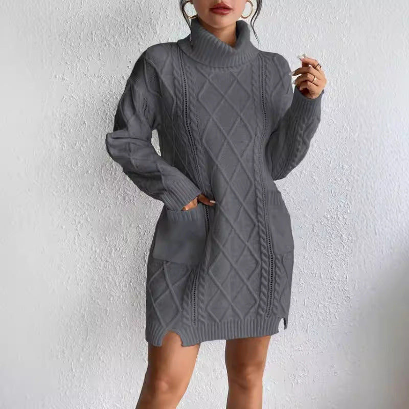 Vestido de jersey para mujer – Corte entallado – Punto trenzado – Cuello alto – Mangas largas