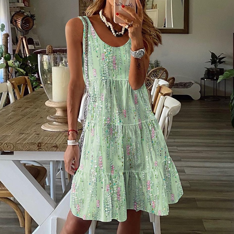 Vestido de mujer – Corte holgado – Sin mangas – Cuello redondo – Tejido transpirable – Estampado