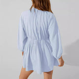 Vestido corto de mujer – lino y algodón – corte holgado – manga larga – escote en pico