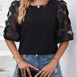 Top de manga corta para mujer – Corte holgado – Mangas acampanadas de encaje – Estilo casual