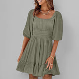 Vestido evasé para mujer – Algodón ligero – Mangas abullonadas – Escote cuadrado – Bajo con volantes