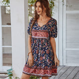 Vestido mini acampanado para mujer – Algodón ligero – Mangas abullonadas – Cuello en V – Estampado floral