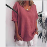 Camiseta de mujer – Corte relajado – Mezcla de algodón y lino – Cuello en V – Mangas cortas