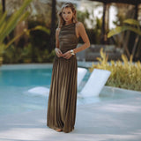 Vestido sin mangas de mujer – Corte entallado – Cintura fruncida – Largo – Tejido ligero