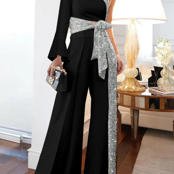 Traje de pantalón para mujer – Top asimétrico con hombros descubiertos – Tejido de satén brillante