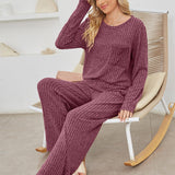 Conjunto de ropa de estar por casa para mujer – Punto acanalado – Corte holgado – Camiseta de manga larga y pantalón
