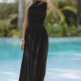 Vestido sin mangas de mujer – Corte entallado – Cintura fruncida – Largo – Tejido ligero
