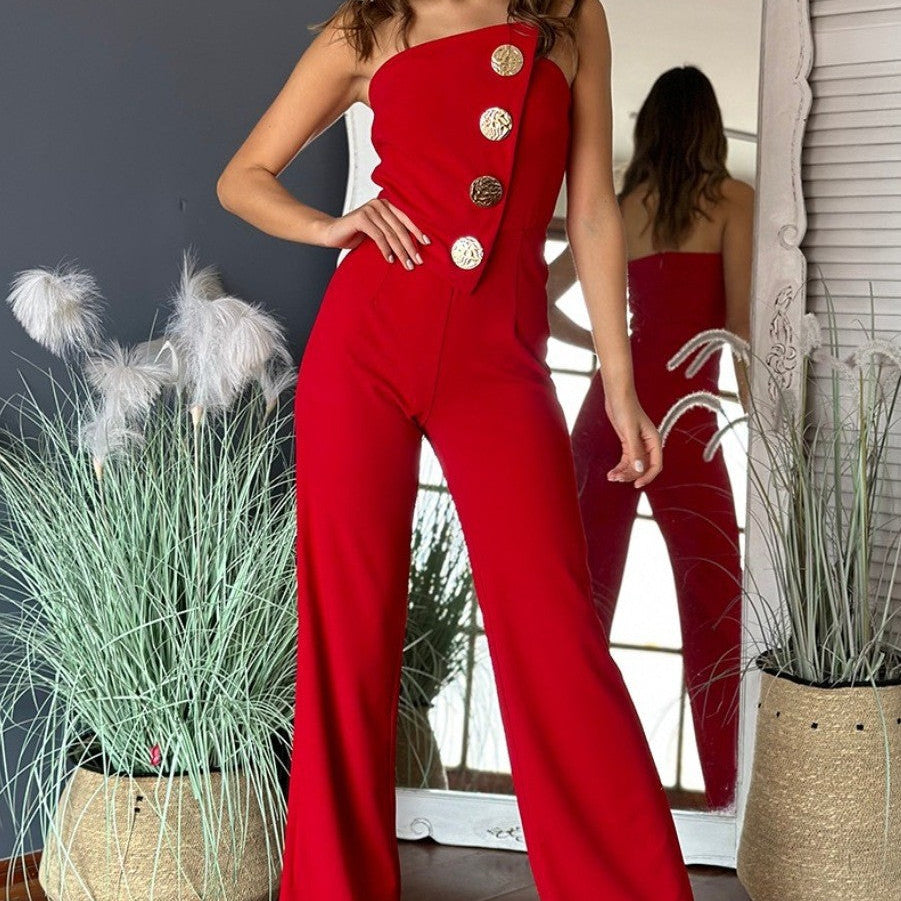 Mono de mujer – Un hombro – Corte entallado – Pantalón fluido de pierna ancha – Botones