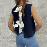 Chaleco tipo cárdigan para mujer – Punto de lana – Corte holgado – Sin mangas con lazo en la espalda