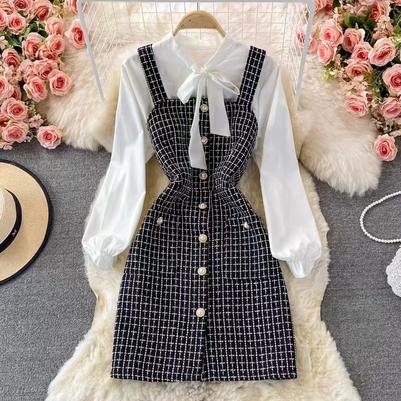 Vestido estilo pichi para mujer – Corte entallado – Tweed texturizado – Abotonado – Blusa con lazo