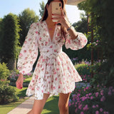 Vestido corto evasé para mujer – Cuello en V de encaje – Mangas largas abullonadas – Estampado floral