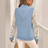 Blusa de mujer – Corte relajado – Detalles de encaje – Mangas 3/4 – Cuello camisero