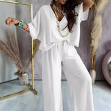 Conjunto de dos piezas para mujer: tejido transpirable, top con cuello en V y pantalón ancho.