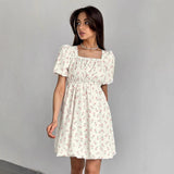 Vestido evasé para mujer – Algodón ligero – Mangas abullonadas – Estampado floral – Escote cuadrado