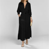 Vestido camisero de mujer – Lino – Corte entallado – Cuello en V – Mangas largas – Bajo asimétrico