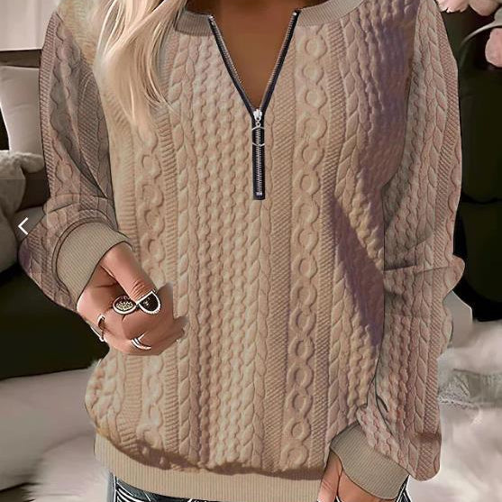Suéter de mujer – Punto trenzado – Corte holgado – Cuello con cremallera ajustable – Lana suave