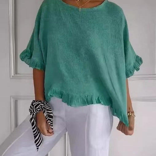 Blusa de manga corta para mujer – Corte fluido – Mezcla de lino y algodón – Cuello redondo – Ribete con volantes