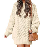 Vestido de suéter para mujer – Corte extragrande – Punto trenzado – Largo hasta la rodilla – Mangas largas