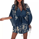 Vestido floral con mangas kimono para mujer - Abotonado en la parte delantera - Cinturón en la cintura