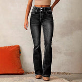 Vaqueros acampanados para mujer – Cintura alta – Denim elástico – Doble botonadura – Look vintage