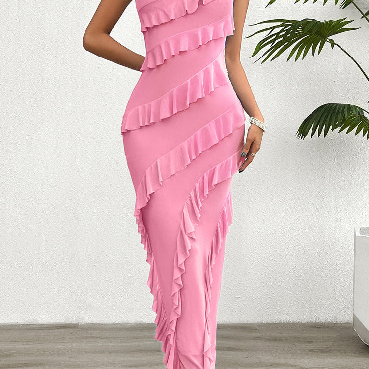 Vestido de mujer sin tirantes – Corte ajustado – Largo – Elegantes volantes asimétricos