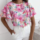 Blusa de mujer – Corte holgado – Mangas con volantes – Tejido transpirable – Estampado floral