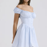 Vestido corto de mujer – Corte entallado y evasé – Mangas abullonadas – Escote cuadrado – Abotonado
